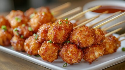 Fototapeta premium Close-up of crispy, breaded chicken meatballs on skewers, garnished with green onions and served with a dipping sauce.