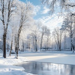 Beautiful natural landscape of a snowy city park with snow-covered trees and frozen pond on bright winter day