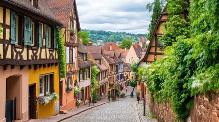 Fototapeta premium A cobblestone path lined with quaint, flower-adorned cottages in a peaceful village, under a soft, cloudy sky. Concept: countryside charm, simplicity.