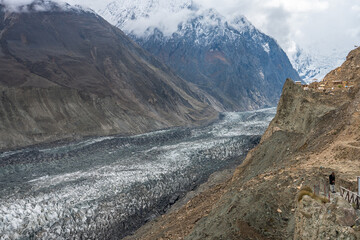 Hopper Glacie or Black Glacier located in the Nagar Valley of Hunza, Pakistan known for being one of the world's fastest moving glaciers.