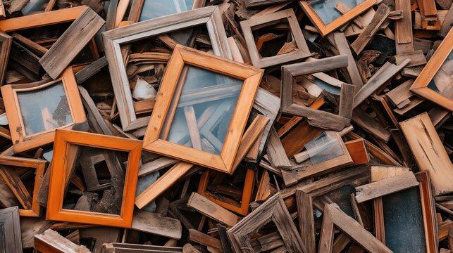 Close-up of a pile of wooden picture frames with various sizes and colors showing wear and tear.