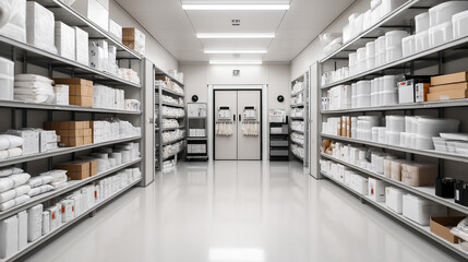 Clean and organized medical supply storage room with shelves stocked with various packaged items and containers, bright overhead lighting, and double doors at the far end of the room.