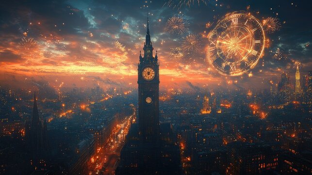 A majestic clock tower stands tall against a backdrop of a vibrant cityscape, illuminated by fireworks exploding in the night sky.