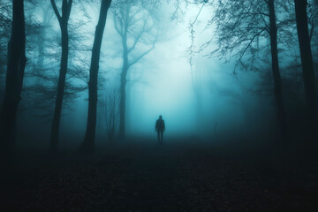 Fototapeta premium A dark forest with fog surrounding a person walking alone, their figure barely visible, symbolizing being lost in a mental fog.