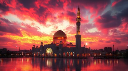 Obraz premium A majestic mosque with a golden dome and minaret stands tall against a backdrop of a dramatic red sunset sky, reflecting in a serene lake.