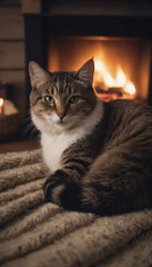 Fluffy cat relaxing on a cozy blanket near a crackling fireplace