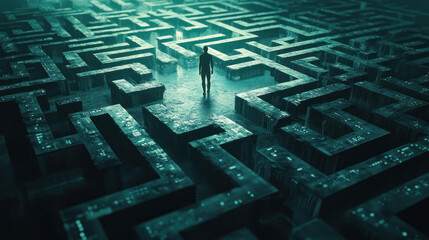 Digital Journey Through a Complex Maze of Obstacles Representing Cybersecurity Challenges and Firewall Barriers in the Modern Tech Landscape
