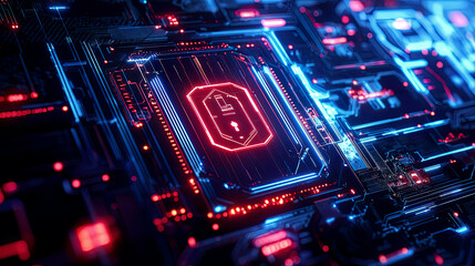 Obraz premium Complex glowing encryption shields with advanced cybersecurity protocols, protecting data infrastructure