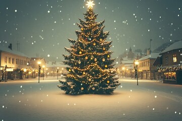 Snow-covered Christmas tree lit up in a tranquil town square