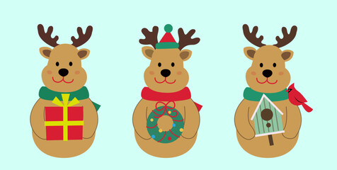 Set of cute Christmas deer flat vector stock illustration.