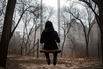 A person sitting on a swing in an abandoned playground, the contrast between their stillness and the surrounding decay representing emotional emptiness.