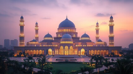 Fototapeta premium A majestic mosque with multiple domes and minarets illuminated at sunset.