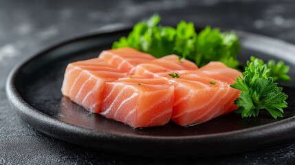Close-up of fresh salmon fillets on a black plate with parsley.