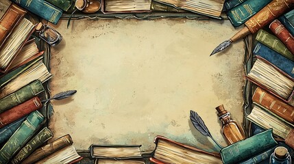 Vintage Literary Frame with Books Quills and Ink Bottles for Book Themed