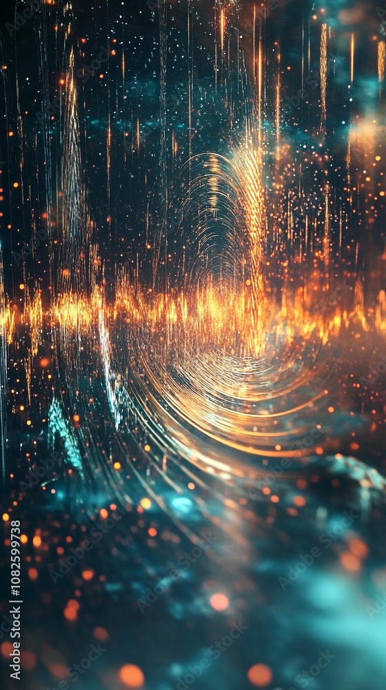 Poster golden and teal particles flowing in digital tunnel