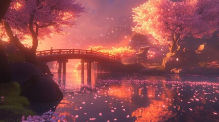 Serene Cherry Blossom Landscape at Dusk