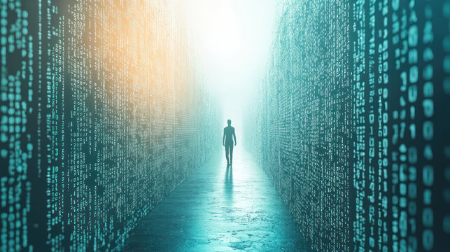 A Solitary Figure Walking Through a Maze of Binary Code Symbolizing Digital Barriers and Firewalls in a Modern Technological Landscape