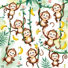 Naklejka premium In a lush tropical environment, several playful monkeys swing on vines, happily interacting with each other and enjoying bananas surrounding them. generative ai