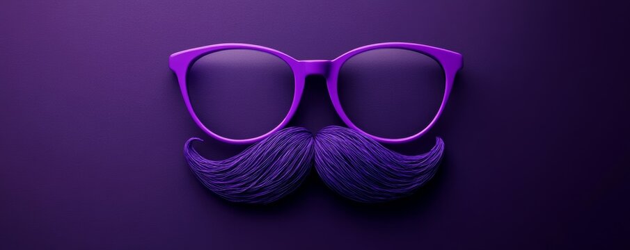 Purple glasses and mustache creating a funny face on purple background