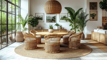 Fototapeta premium A modern dining room interior with a round table, woven chairs, and plants, with a large window overlooking a garden.