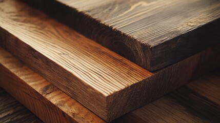 Fototapeta premium Stack of wooden planks in various shades and textures. Natural beauty of wood. Design construction concept. Texture of beams, construction store, finishing works, renovation.