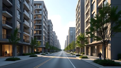Obraz premium A captivating street view showcasing a series of modern apartment complexes in a vibrant urban setting