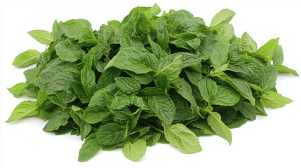 Fototapeta premium Fresh green mint leaves against a plain white backdrop.