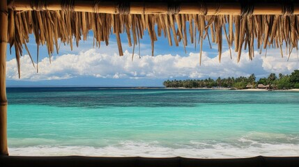 Serene Beach View Through Bamboo Hut Roof
