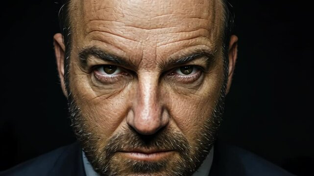 A man with a serious expression stares directly at the camera