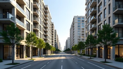 Obraz premium A captivating street view showcasing a series of modern apartment complexes in a vibrant urban setting
