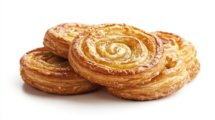 Fototapeta premium Golden brown palmier pastries look delicious against a clean white background. Perfect for showcasing pastries or taking food photos.