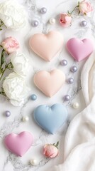 Delicate Pastel Heart Decorations Surrounded by Flowers and Pearls on a Marble Surface for Romantic, Wedding, or Valentine's Day Themes