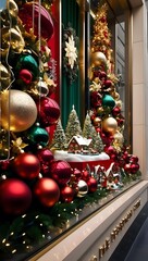 Christmas themed window display, department store, photorealistic style.
