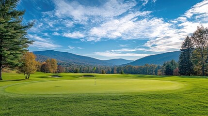 Naklejka premium Stunning Golf Course Landscape with Green Grass, Sand Bunkers, and Blue Sky, Ideal for Themes of Sports, Outdoor Activities, and the Serenity of Golf in a Picturesque Setting