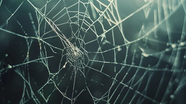 Intricate and delicate spider web illuminated by dramatic moody lighting in a dark natural environment  The web s intricate structure and fragility create a sense of beauty and mystery
