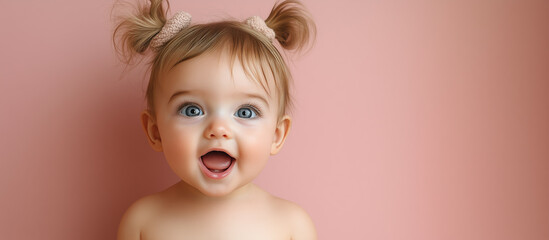 a 1 /  2 year old baby girl with a startled / shocked/ surprised look on her face against a plain pink background with copy space for text