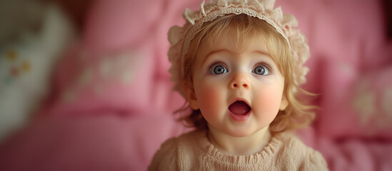Fototapeta premium a 1 / 2 year old baby girl with a startled / shocked/ surprised look on her face against a plain pink background with copy space for text