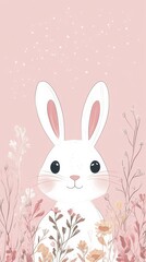 Obraz premium Cute white bunny hiding in flowers on pink background