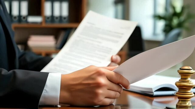 A lawyer's hands reviewing documents at a desk in the office