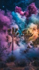 Joshua trees emerging from colorful smoke under starry sky