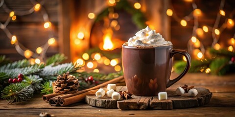 A Cozy Winter Scene Featuring a Mug of Hot Chocolate with Whipped Cream and Marshmallows, Decorated with Cinnamon Sticks and Pine Sprigs, with a Warm Fire in the Background.
