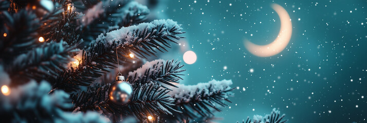Snow-Covered Christmas Tree with Ornaments under Crescent Moon and Falling Snow