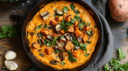 Delicious sweet potato mash with mushrooms and fresh herbs in a skillet
