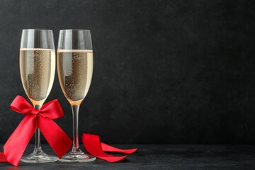 Two champagne flutes with bubbles, elegantly tied with a red ribbon against a dark background, perfect for celebrations. - Powered by Adobe