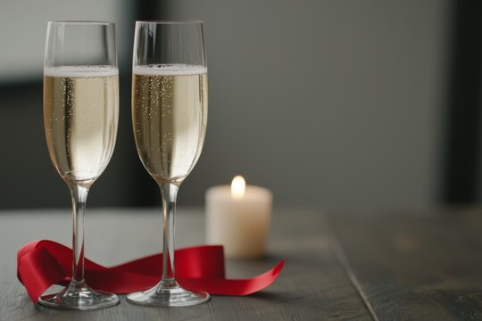 Two elegant champagne flutes filled with sparkling drink beside a lit candle and a red ribbon on a wooden table.