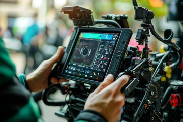 The hands of a photographer, a cameraman, and a person with stabilizing equipment in the studio during photography, production, and media. When shooting videos, documentaries, and films on set.