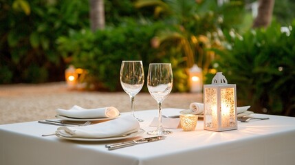Elegant Outdoor Dining Setup with Glasses, Candles, and White Tablecloth Surrounded by Lush Greenery and Soft Ambient Lighting for Romantic Evening