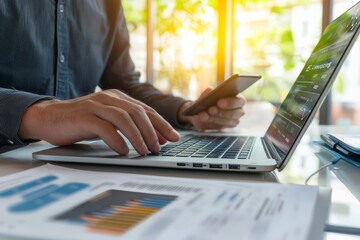 An e-invoice and online digital statement concept shows a businessman using a laptop with invoice icons displayed on a virtual screen.