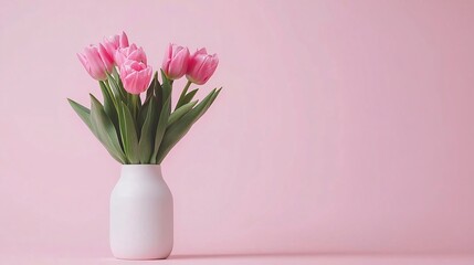 Fototapeta premium Elegant Arrangement of Fresh Pink Tulips in a White Vase Against a Soft Pink Background for a Modern and Minimalist Decor Style
