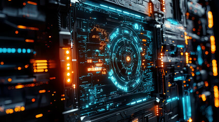 Glowing holographic firewalls with intricate encryption shields safeguarding critical systems